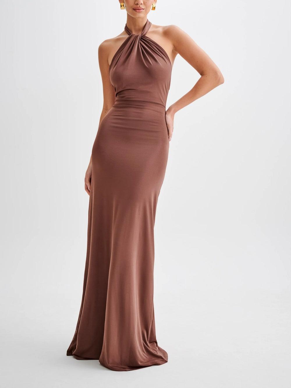 Amelia - Elegant Women's Wedding Guest Dress with Twisted Halter Neck and Ruched Waist