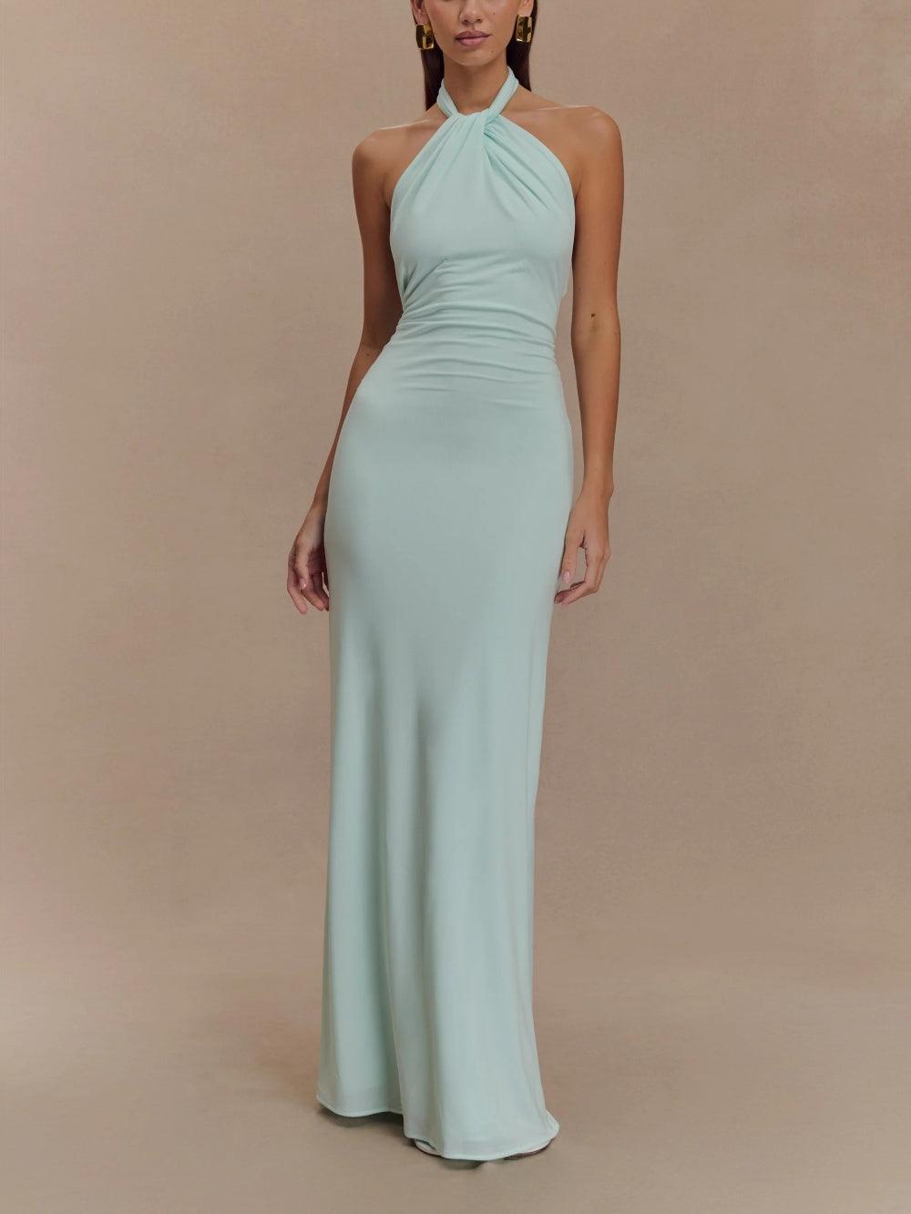 Amelia - Elegant Women's Wedding Guest Dress with Twisted Halter Neck and Ruched Waist