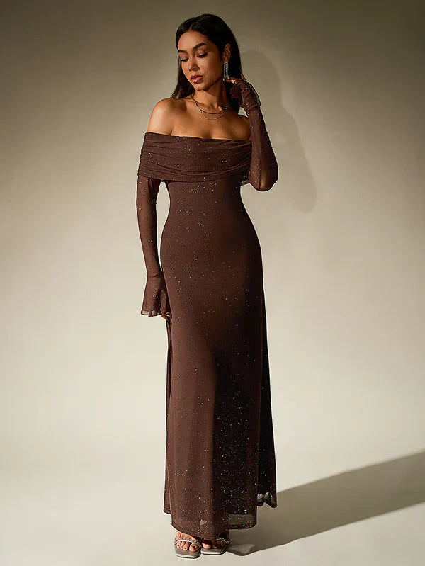 Amelia - Elegant Women's Wedding Guest Maxi Dress with Off Shoulder Neckline and Long Glove Sleeves