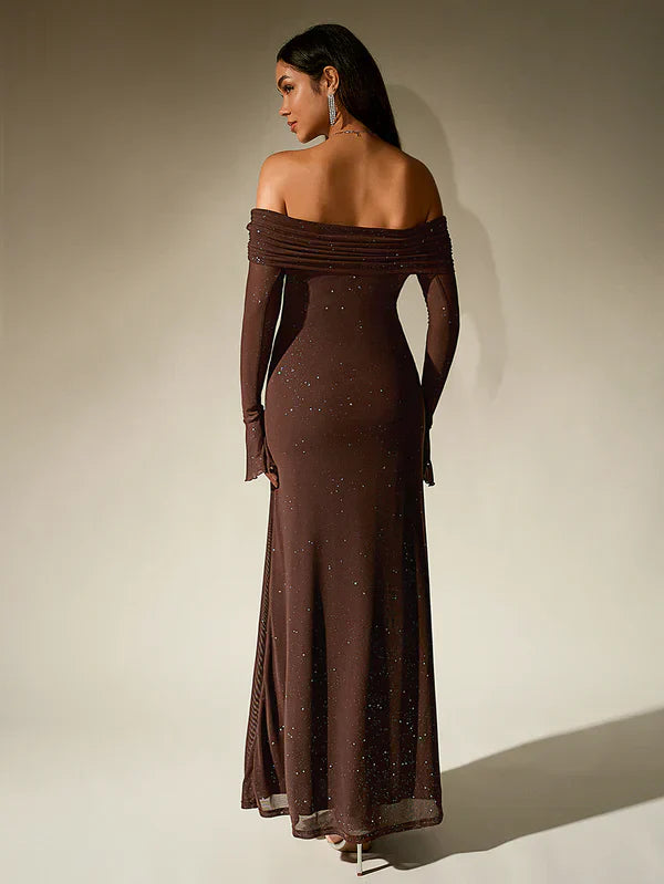 Amelia - Elegant Women's Wedding Guest Maxi Dress with Off Shoulder Neckline and Long Glove Sleeves