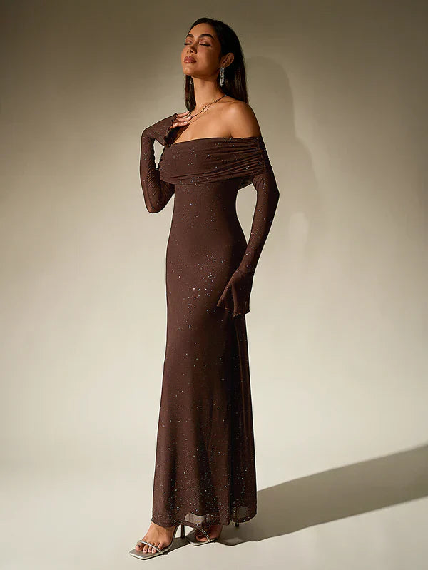 Amelia - Elegant Women's Wedding Guest Maxi Dress with Off Shoulder Neckline and Long Glove Sleeves