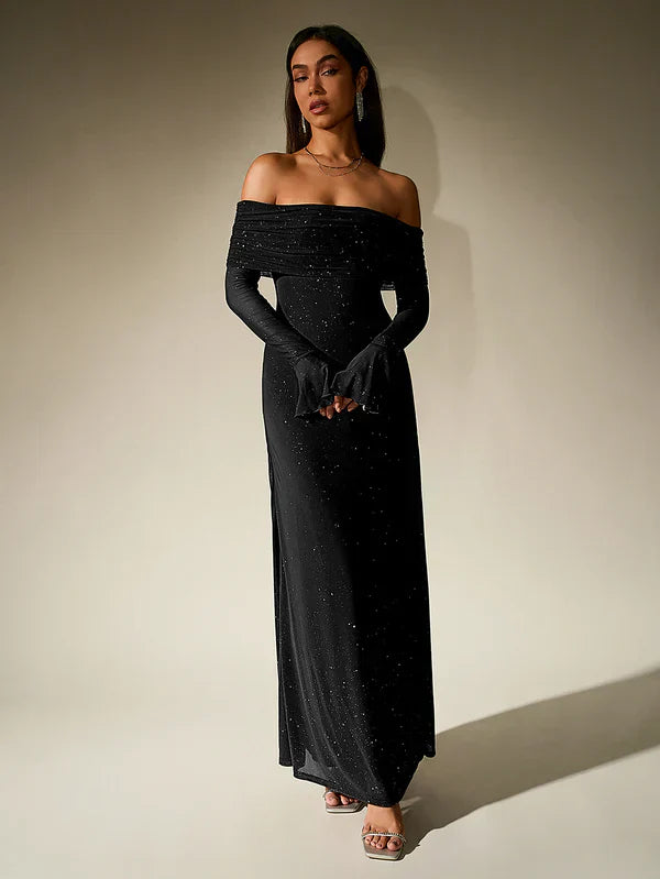 Amelia - Elegant Women's Wedding Guest Maxi Dress with Off Shoulder Neckline and Long Glove Sleeves