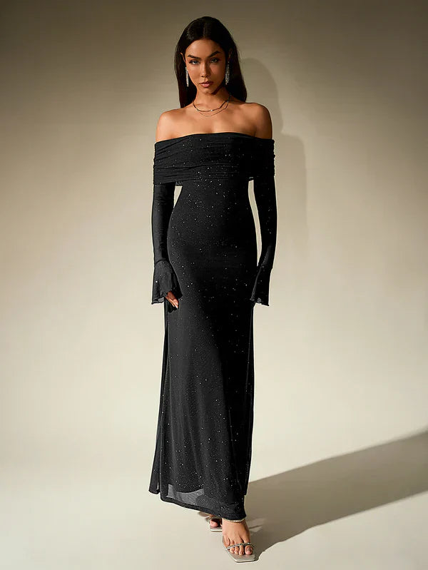 Amelia - Elegant Women's Wedding Guest Maxi Dress with Off Shoulder Neckline and Long Glove Sleeves