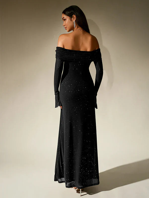 Amelia - Elegant Women's Wedding Guest Maxi Dress with Off Shoulder Neckline and Long Glove Sleeves
