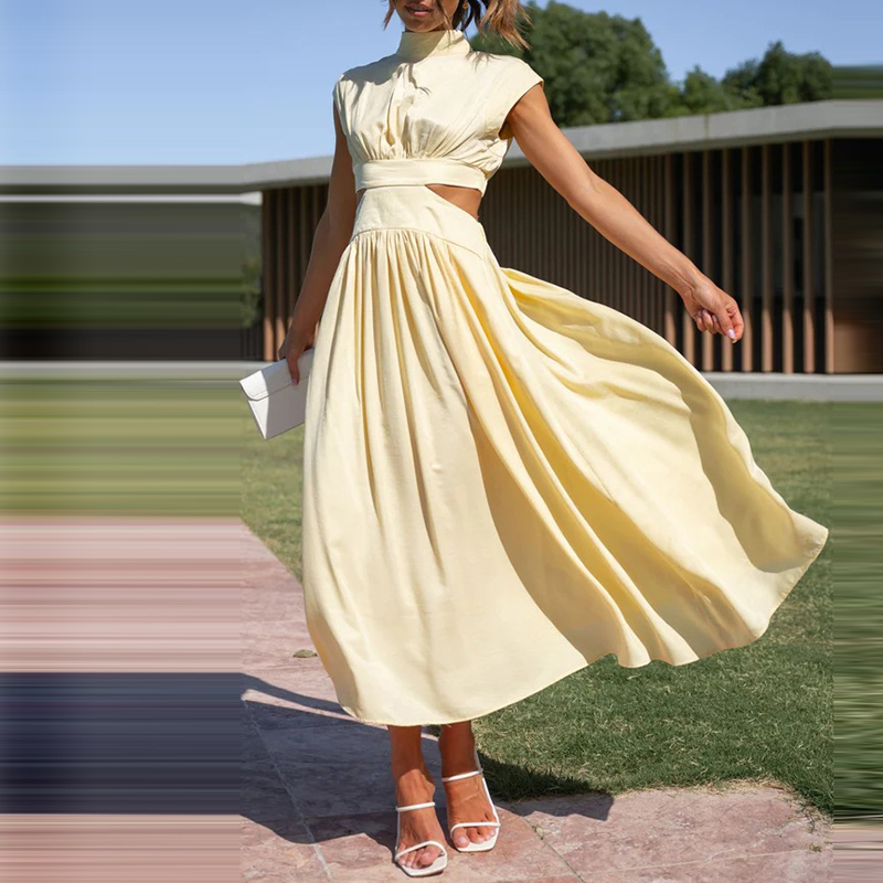 Amelia - Flowy Women's Wedding Guest Dress with High Neck and Cut-Out Waist