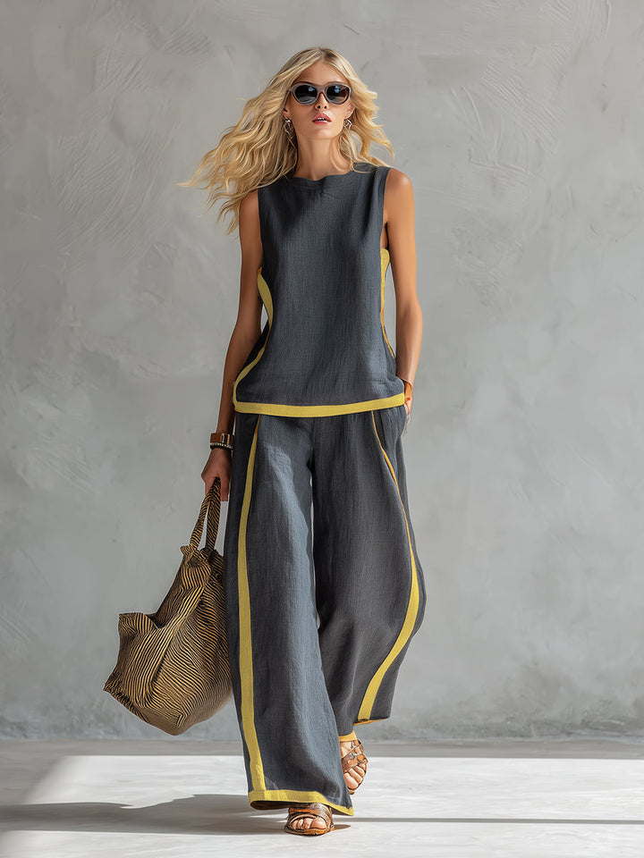 Amelia - Smart Women's Linen Set with Contrast Trim and Wide Leg Trousers