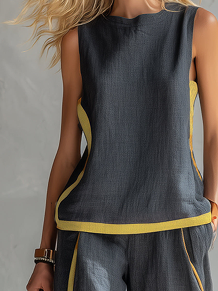 Amelia - Smart Women's Linen Set with Contrast Trim and Wide Leg Trousers