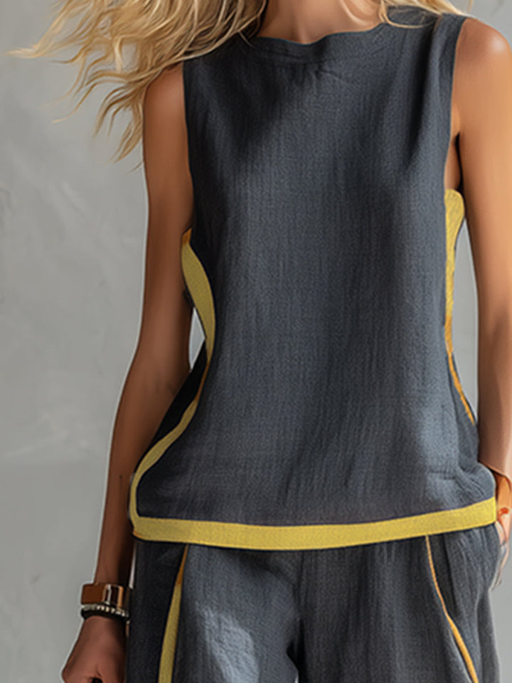 Amelia - Smart Women's Linen Set with Contrast Trim and Wide Leg Trousers