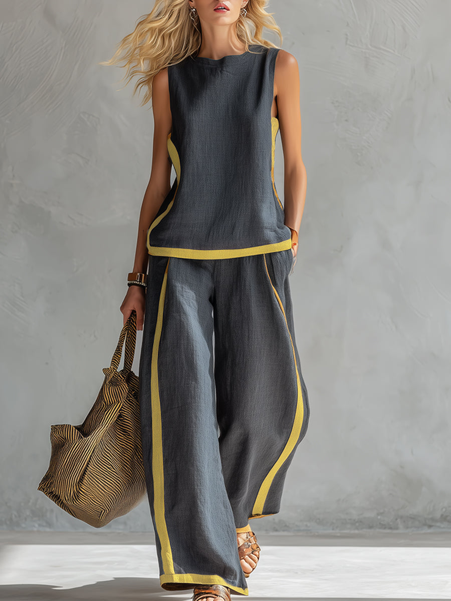 Amelia - Smart Women's Linen Set with Contrast Trim and Wide Leg Trousers