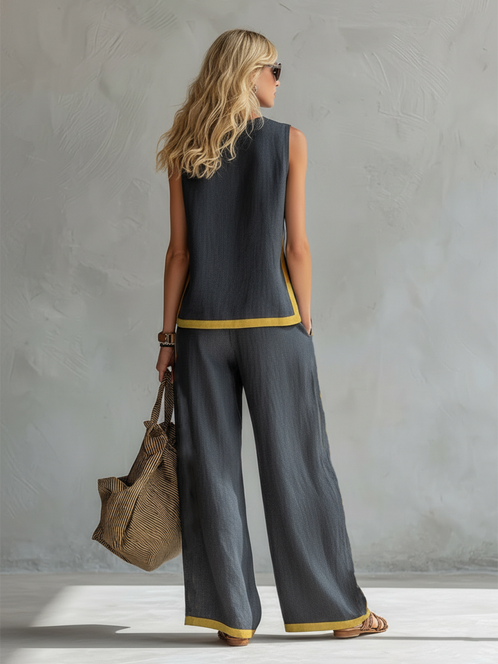 Amelia - Smart Women's Linen Set with Contrast Trim and Wide Leg Trousers