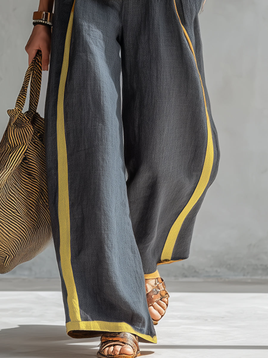 Amelia - Smart Women's Linen Set with Contrast Trim and Wide Leg Trousers