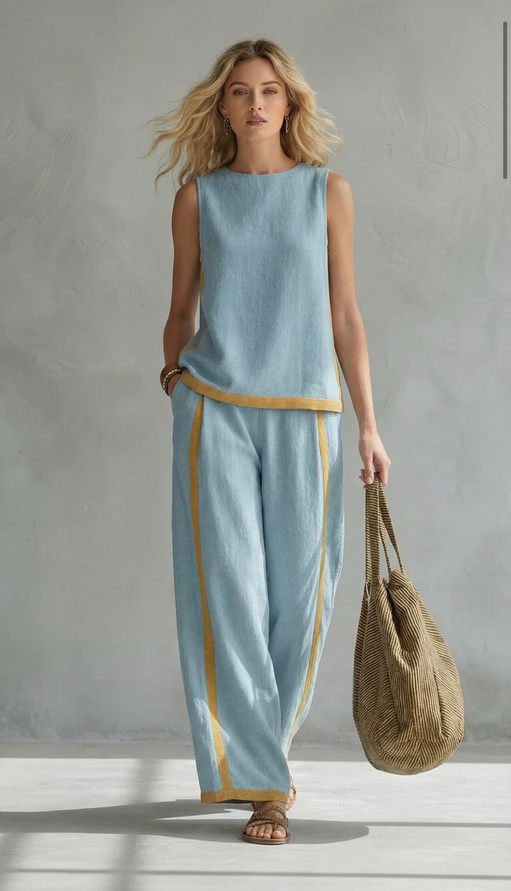 Amelia - Smart Women's Linen Set with Contrast Trim and Wide Leg Trousers
