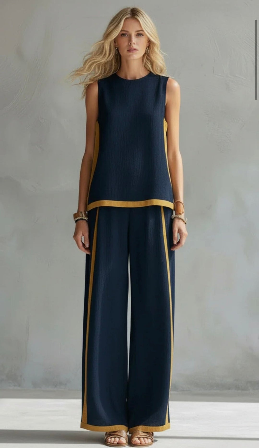 Amelia - Smart Women's Linen Set with Contrast Trim and Wide Leg Trousers