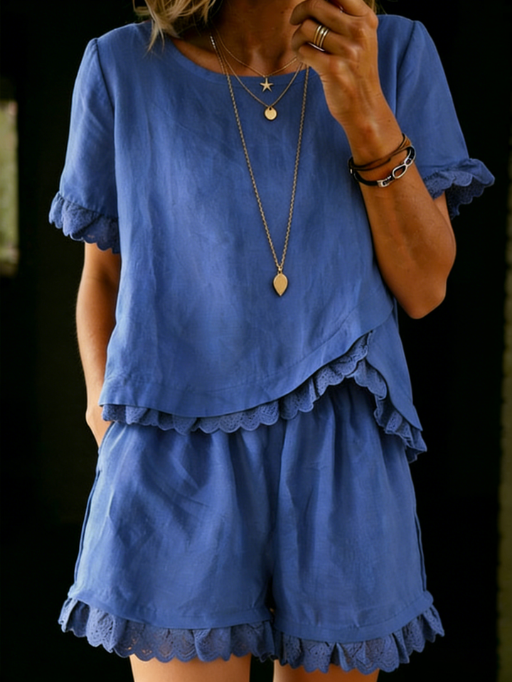 Amelia - Vintage Women's Linen Summer Set with Lace Trim Top and Matching Shorts