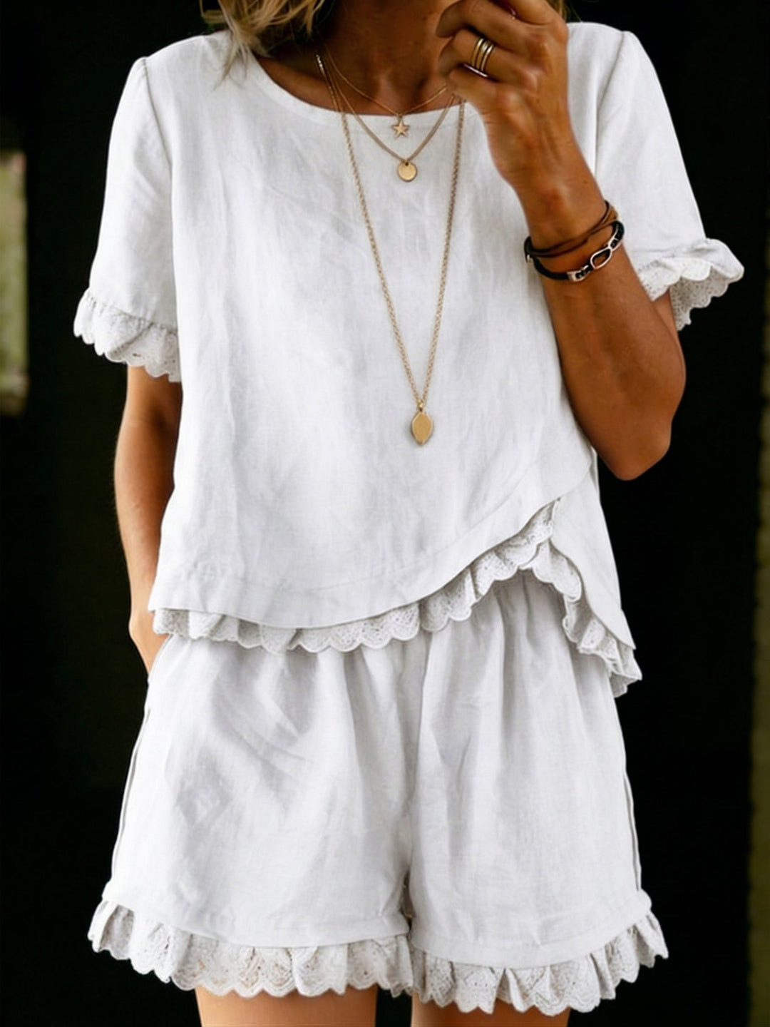 Amelia - Vintage Women's Linen Summer Set with Lace Trim Top and Matching Shorts