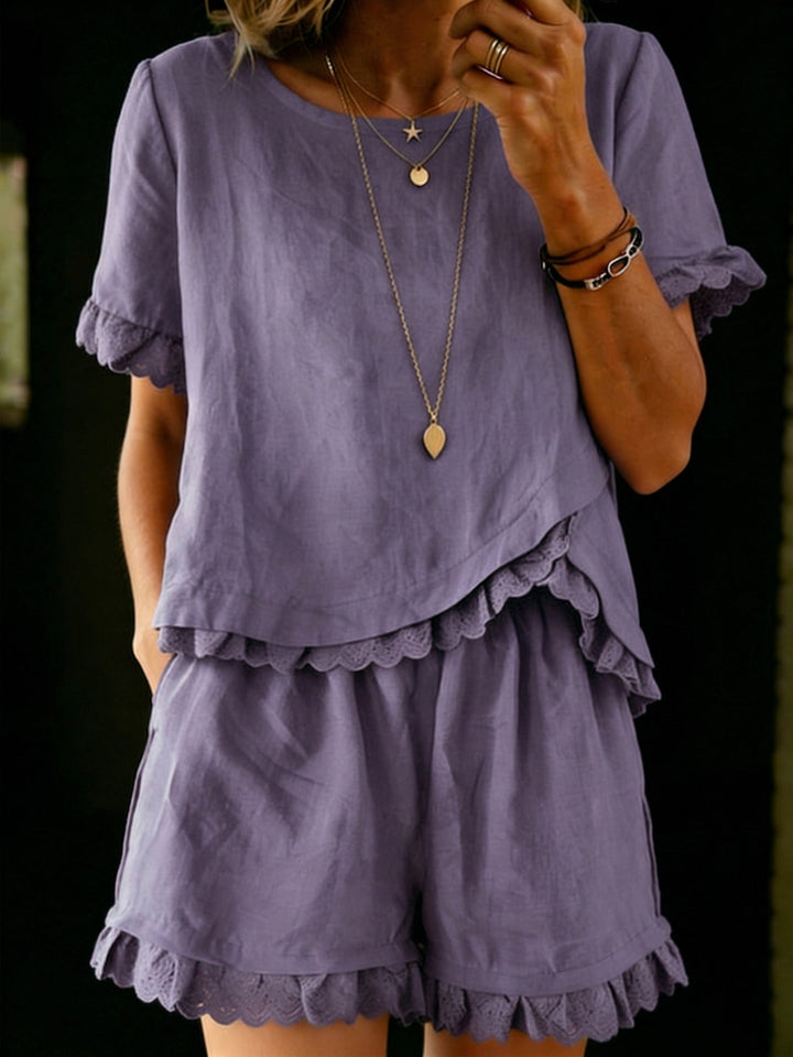 Amelia - Vintage Women's Linen Summer Set with Lace Trim Top and Matching Shorts