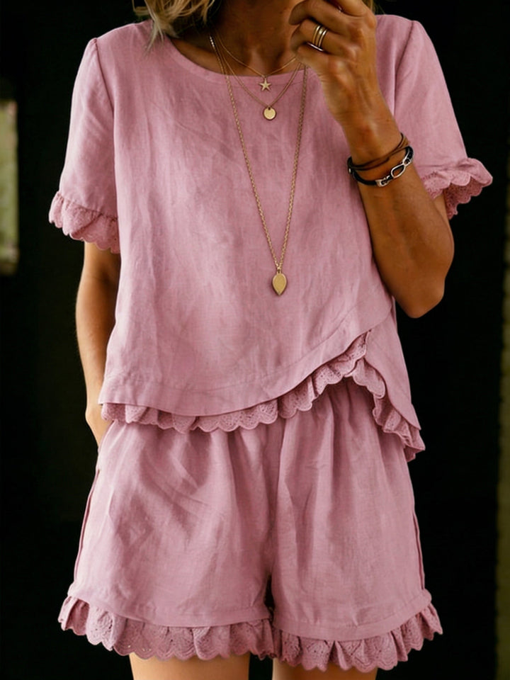 Amelia - Vintage Women's Linen Summer Set with Lace Trim Top and Matching Shorts