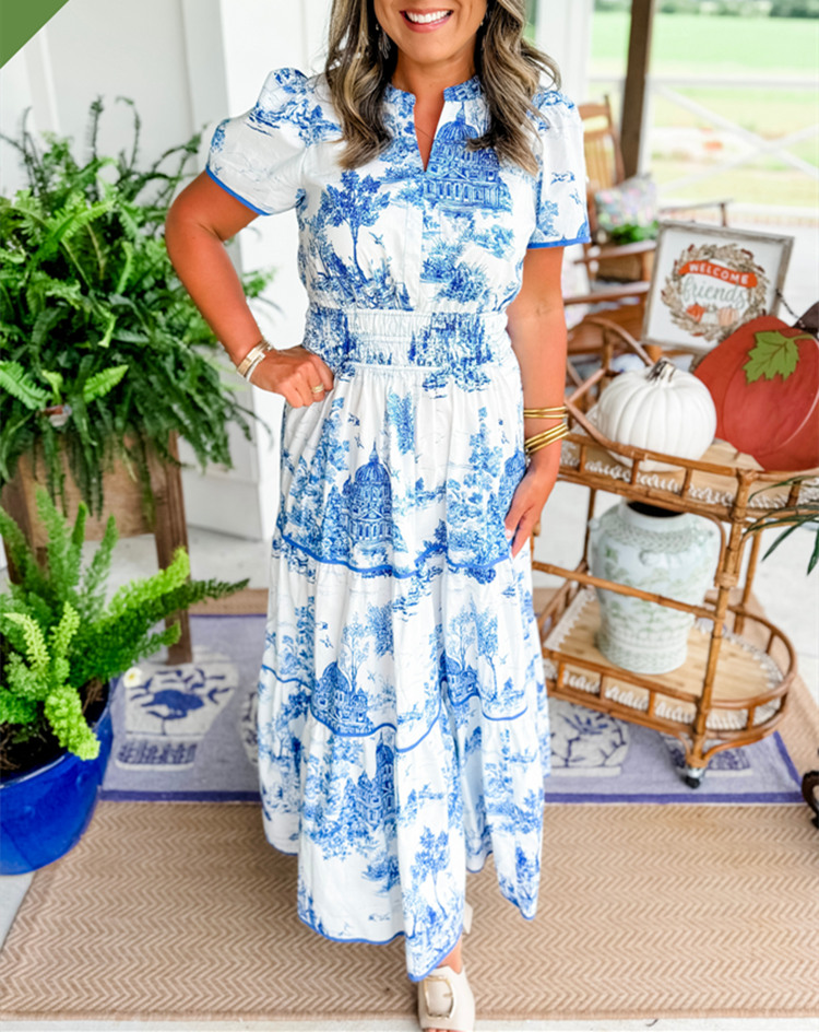 Amelia - Vintage Women's Wedding Guest Maxi Dress with Tiered Skirt and Puff Sleeves