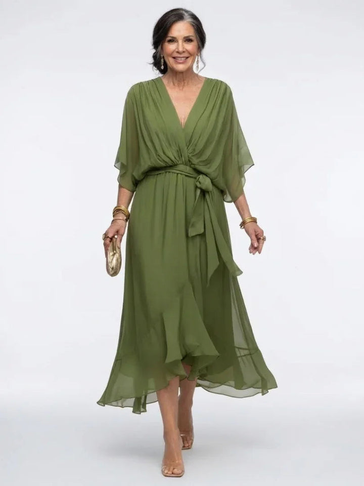 Amelia - Women's Formal Wedding Guest Dress with Wrap Tie and Flutter Sleeves