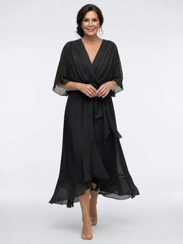Amelia - Women's Formal Wedding Guest Dress with Wrap Tie and Flutter Sleeves