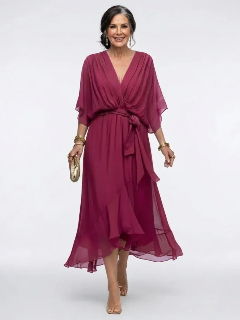 Amelia - Women's Formal Wedding Guest Dress with Wrap Tie and Flutter Sleeves