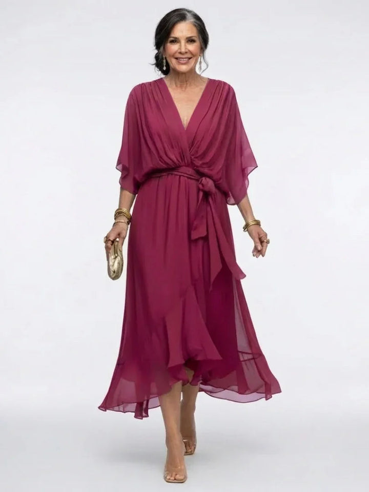 Amelia - Women's Formal Wedding Guest Dress with Wrap Tie and Flutter Sleeves