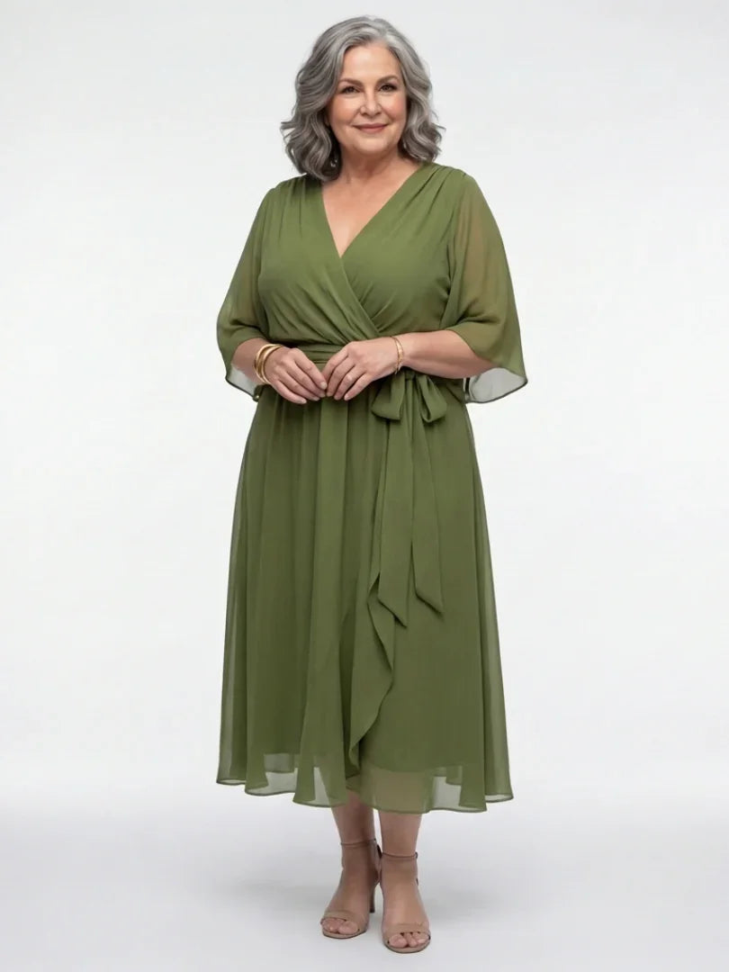 Amelia - Women's Formal Wedding Guest Dress with Wrap Tie and Flutter Sleeves