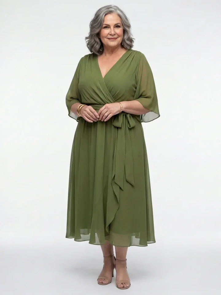 Amelia - Women's Formal Wedding Guest Dress with Wrap Tie and Flutter Sleeves