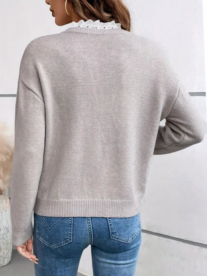 Amelia - Women's knitted v neck jumper with scalloped trim and long sleeve