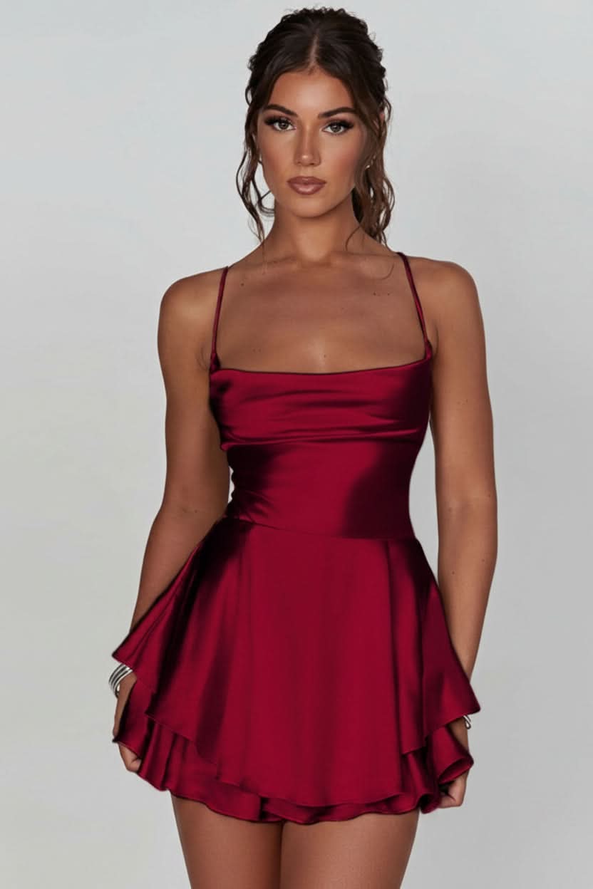 Amelia - Women’s mini cocktail party dress with cowl neck and spaghetti straps