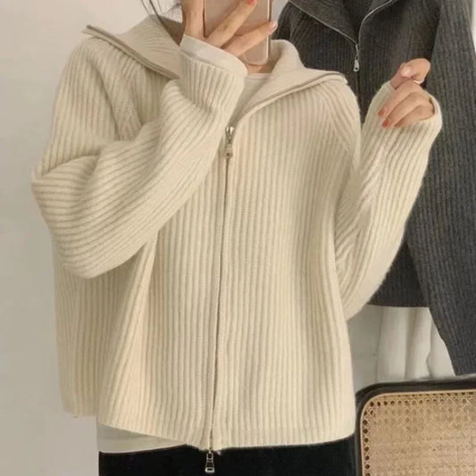 Amelia - Wool Style Women's Cardigan for Autumn with Zip Front High Collar