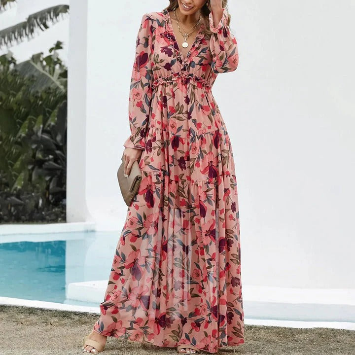 Arabella - Boho Women's Wedding Guest Maxi Dress with V-Neck, Long Sleeves and Floral Print