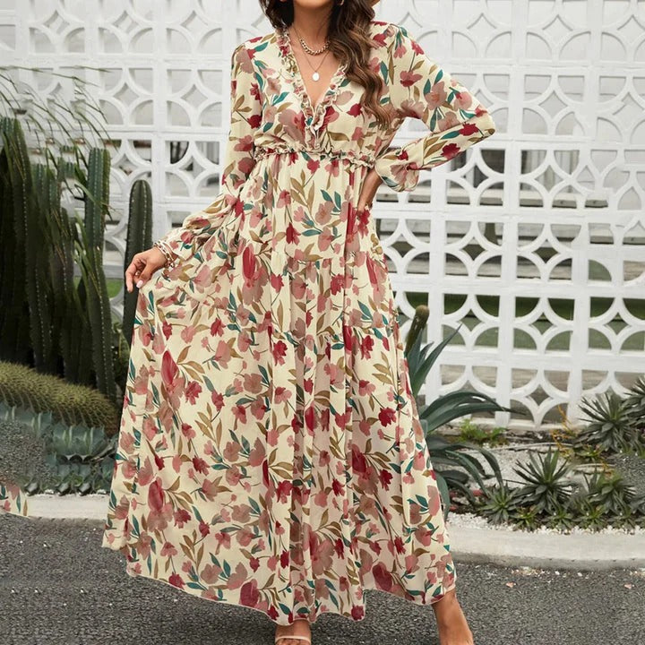 Arabella - Boho Women's Wedding Guest Maxi Dress with V-Neck, Long Sleeves and Floral Print
