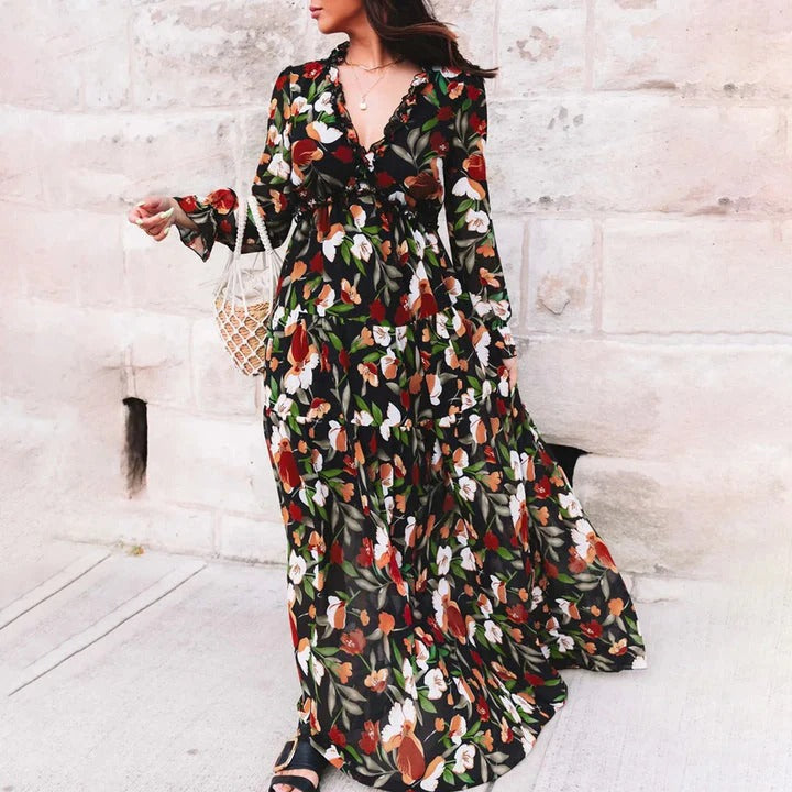 Arabella - Boho Women's Wedding Guest Maxi Dress with V-Neck, Long Sleeves and Floral Print
