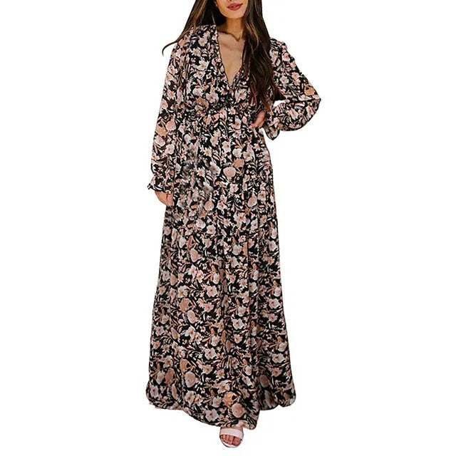 Arabella - Boho Women's Wedding Guest Maxi Dress with V-Neck, Long Sleeves and Floral Print