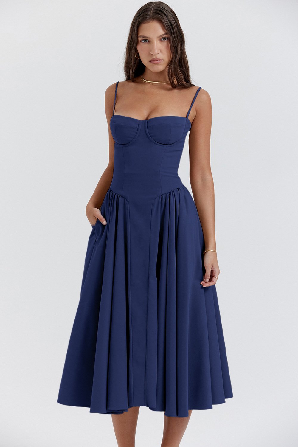Arabella - Elegant Women's Wedding Guest Midi Dress with Bustier Bodice and Full Skirt