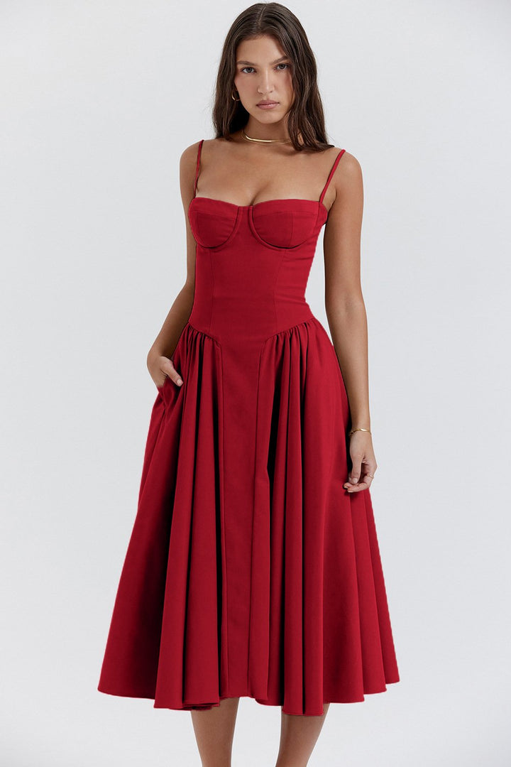 Arabella - Elegant Women's Wedding Guest Midi Dress with Bustier Bodice and Full Skirt