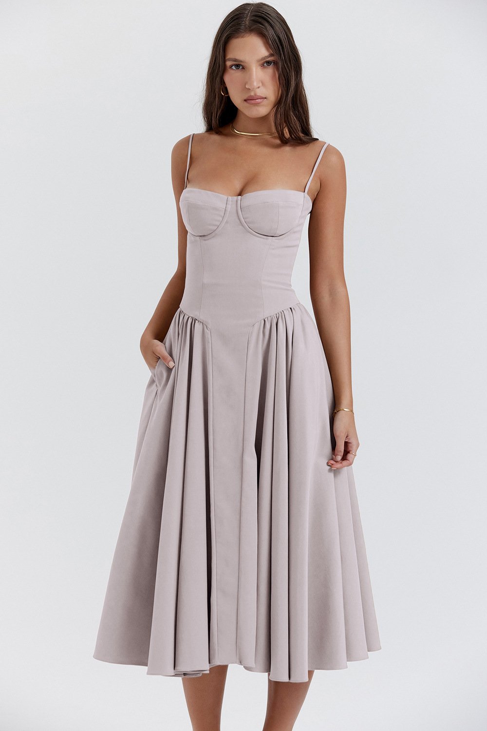 Arabella - Elegant Women's Wedding Guest Midi Dress with Bustier Bodice and Full Skirt