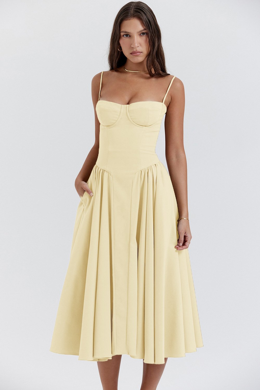 Arabella - Elegant Women's Wedding Guest Midi Dress with Bustier Bodice and Full Skirt