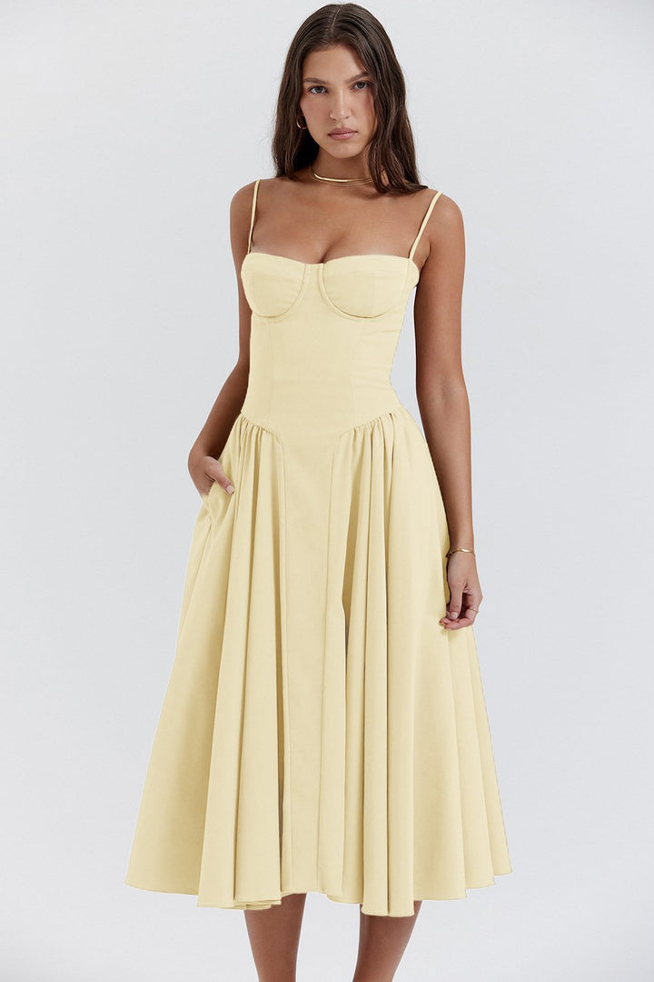 Arabella - Elegant Women's Wedding Guest Midi Dress with Bustier Bodice and Full Skirt