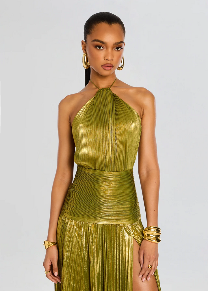 Arabella - Glam Women's Wedding Guest Maxi Dress with Halter Neck and Pleated Side Split