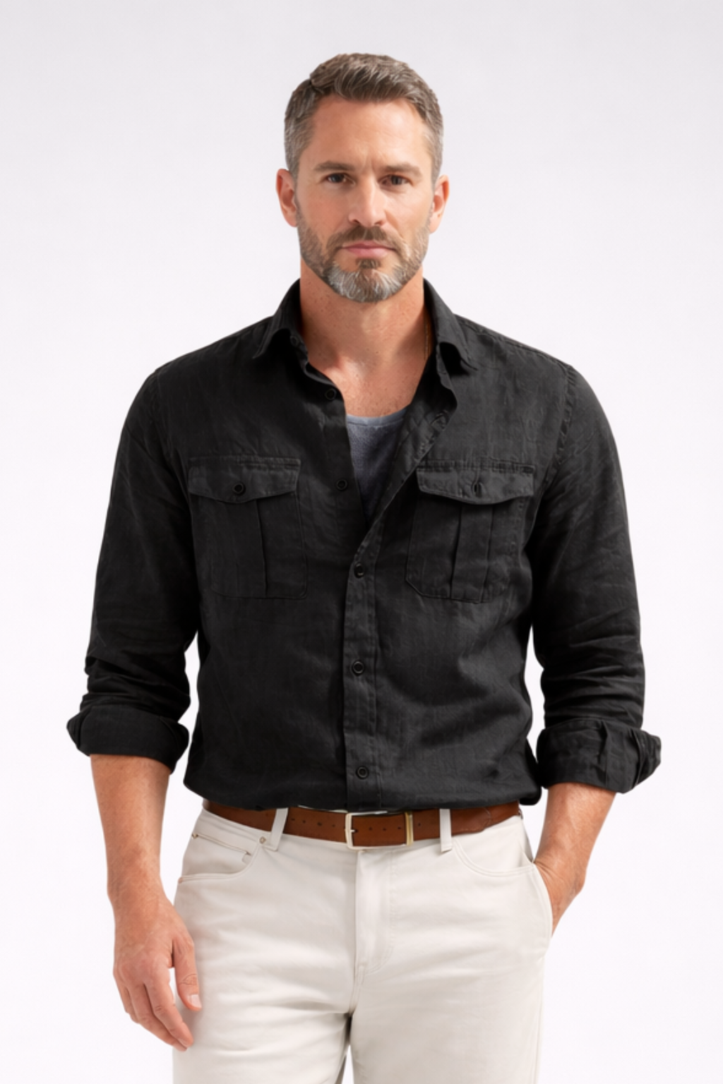 Archie - Smart Men's Linen Shirt with Double Chest Pockets and Button Front