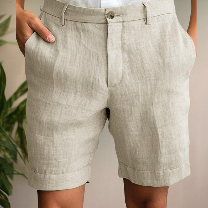 Archie - Smart Men's Linen Shorts with Button Fly and Turn-Up Hem