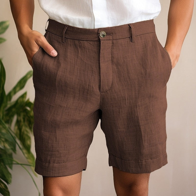 Archie - Smart Men's Linen Shorts with Button Fly and Turn-Up Hem