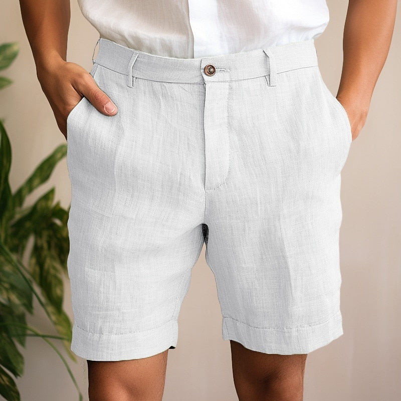 Archie - Smart Men's Linen Shorts with Button Fly and Turn-Up Hem