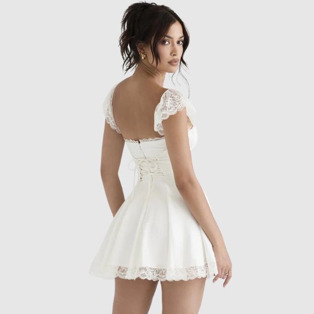 Aria - Romantic Women's Wedding Guest Dress with Square Neck and Trim Detail