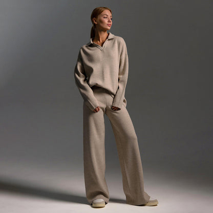 Aria - Women's Comfy Loungewear Set with Polo Collar and Wide Leg Trousers