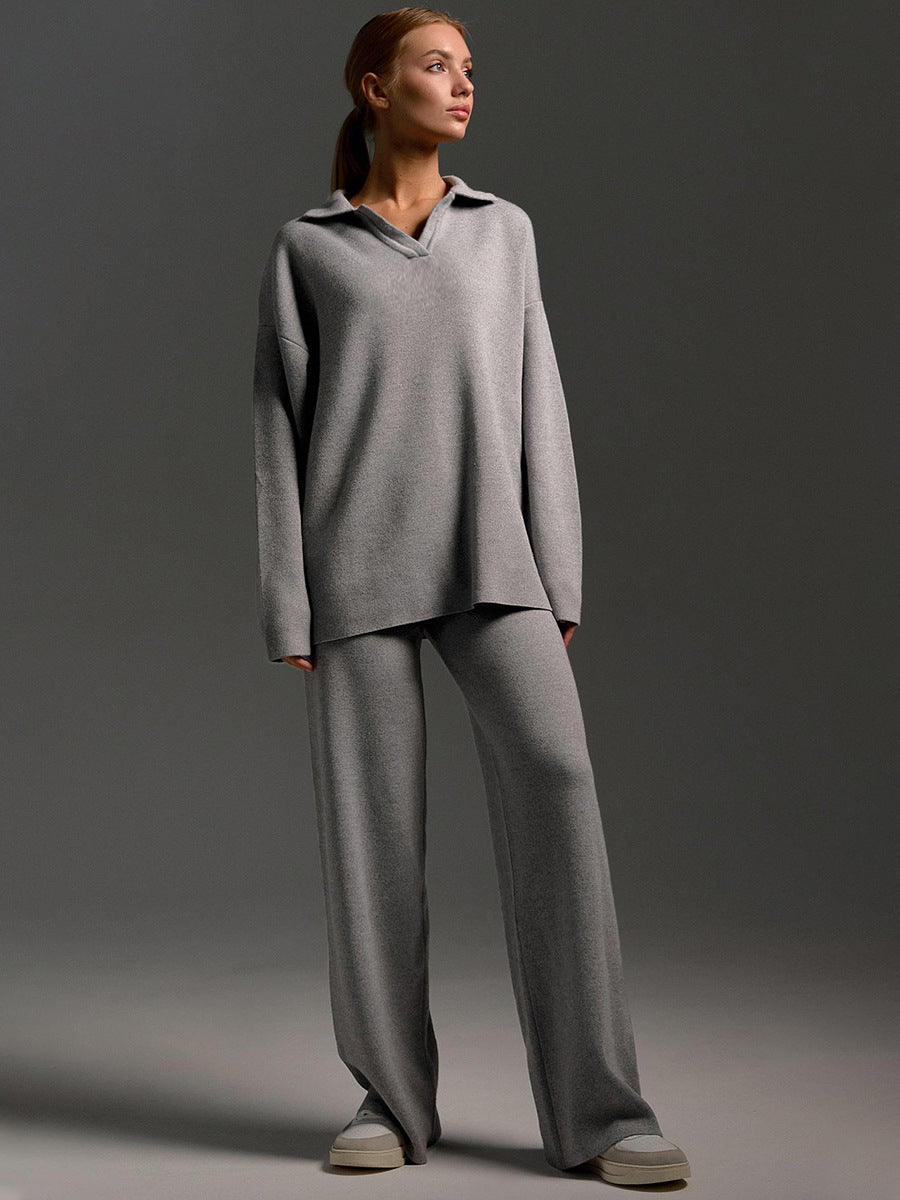 Aria - Women's Comfy Loungewear Set with Polo Collar and Wide Leg Trousers