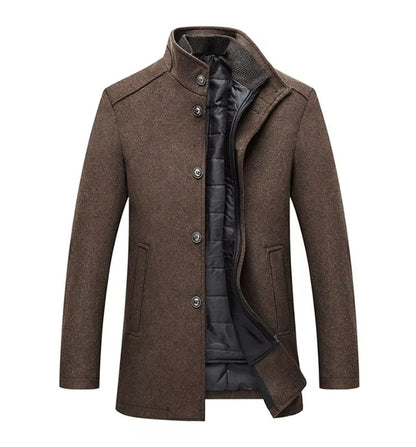 Arthur - Men's long smart winter coat with stand collar and quilted lining