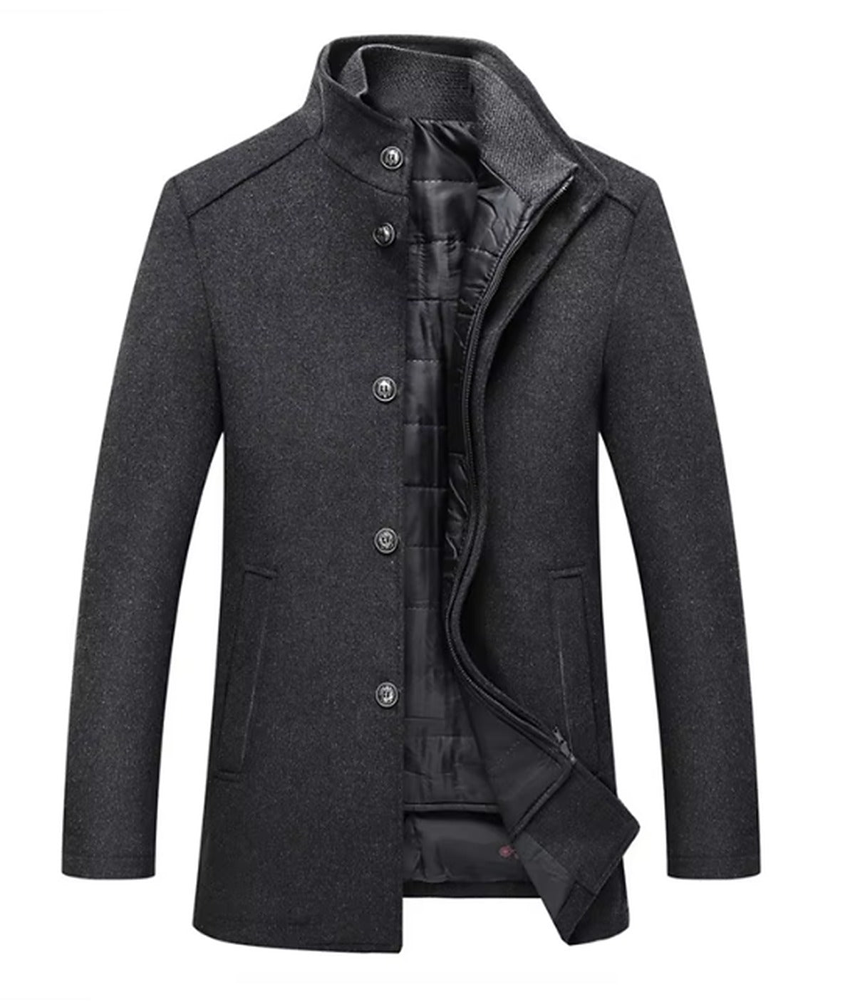 Arthur - Men's long smart winter coat with stand collar and quilted lining